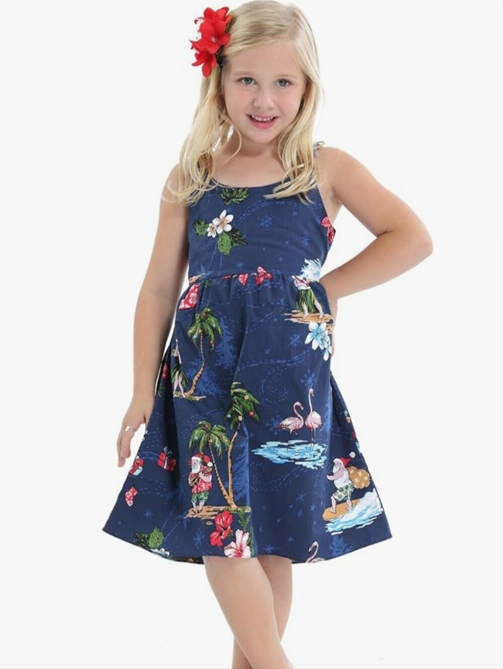 Hawaii Hangover Girls Elastic Strap Dress Christmas Santa Print Blue Size 10
